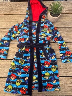 Like New PJ Masks Kids Plush Hooded Robe, Blue, Red, Green Character Print, Sz 8